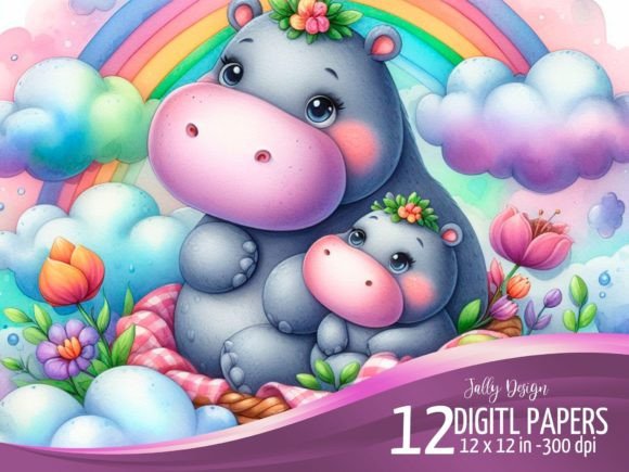 Download Watercolor Cute Hippo Mammy &amp; Her Babies - Mammy Collection